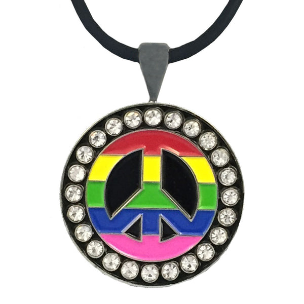 bling rainbow peace sign golf ball marker necklace