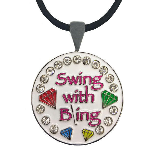 bling swing with bling (white background) golf ball marker necklace