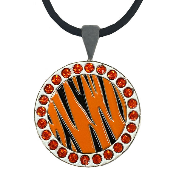 bling orange and black tiger stripes golf ball marker necklace