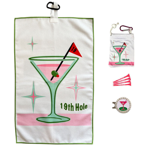 19th hole (pink martini) par 3 pack - one waffle pattern golf towel, microfiber tee bag with four tees, and a bling hat clip ball marker