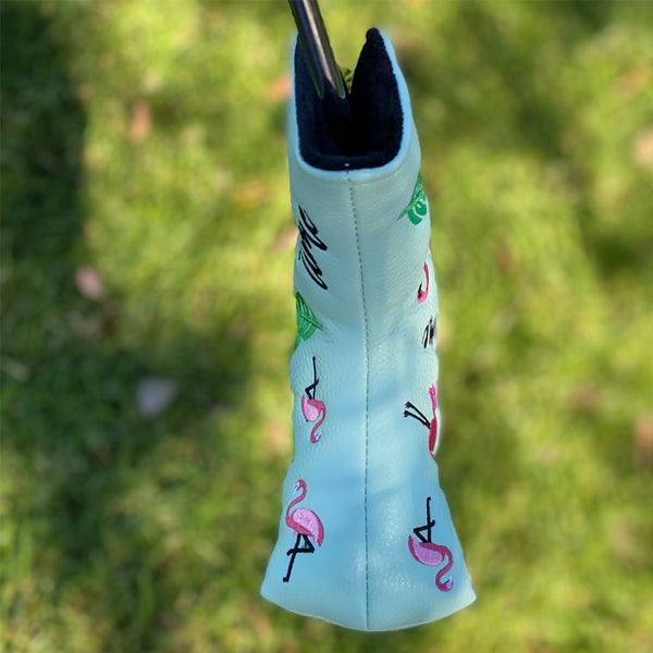 bottom side of giggle golf it's flocktail time flamingos blade putter cover teal and pink
