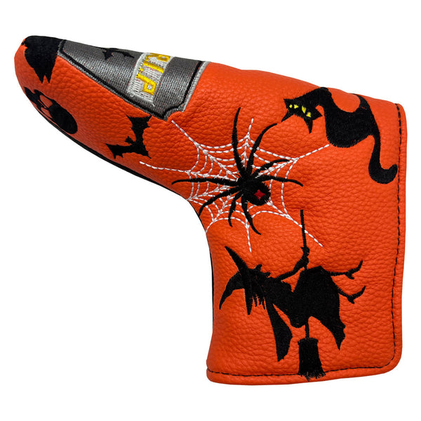 Giggle Golf Halloween Blade Putter Cover - Orange Side with siderweb and black widow, a cat, a witch, a bat, and a skull