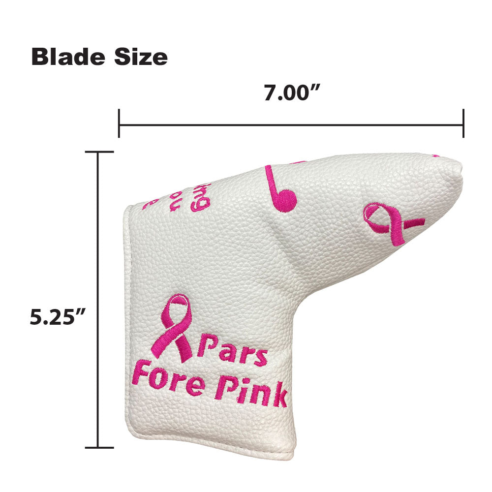 The Giggle Golf Pink Ribbon (Breast Cancer Awareness) blade putter cover is 7" x 5.25".