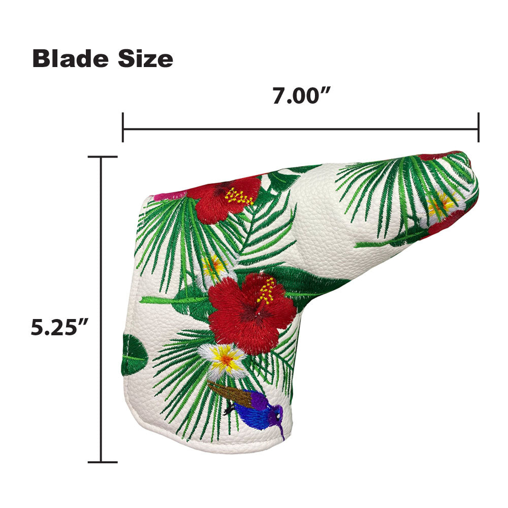 The Giggle Golf Tropical blade putter cover is 7" x 5.25".