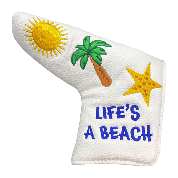 life's a beach blade putter cover with a sun, a palm tree, and a star fish on the design