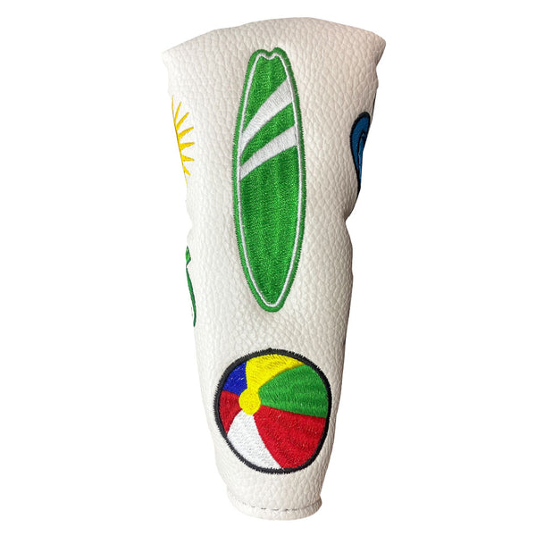 life's a beach blade putter cover with a surboard, and a beach ball on the design