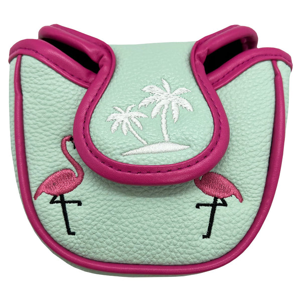 teal and pink, flamingos and palm trees mallet putter cover