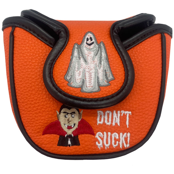 orange and black halloween golf mallet putter cover with ghost and vampire on back