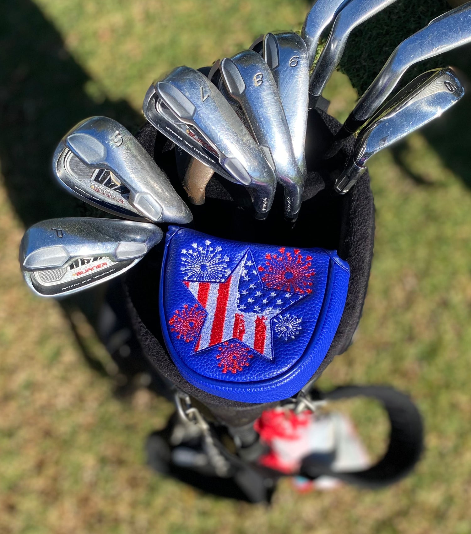 Red white and blue mallet putter headcover