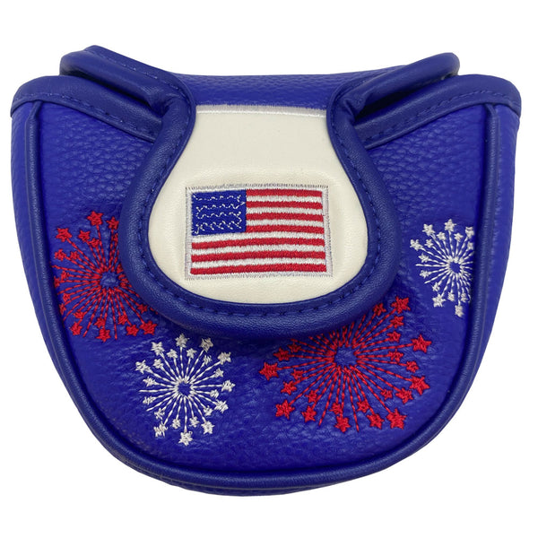 blue usa themed mallet putter cover with magnetic closure on the back