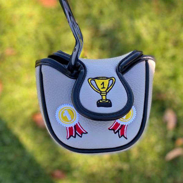gray winner winner chicken dinner mallet putter cover with 1st place trophy and ribbons design on the back