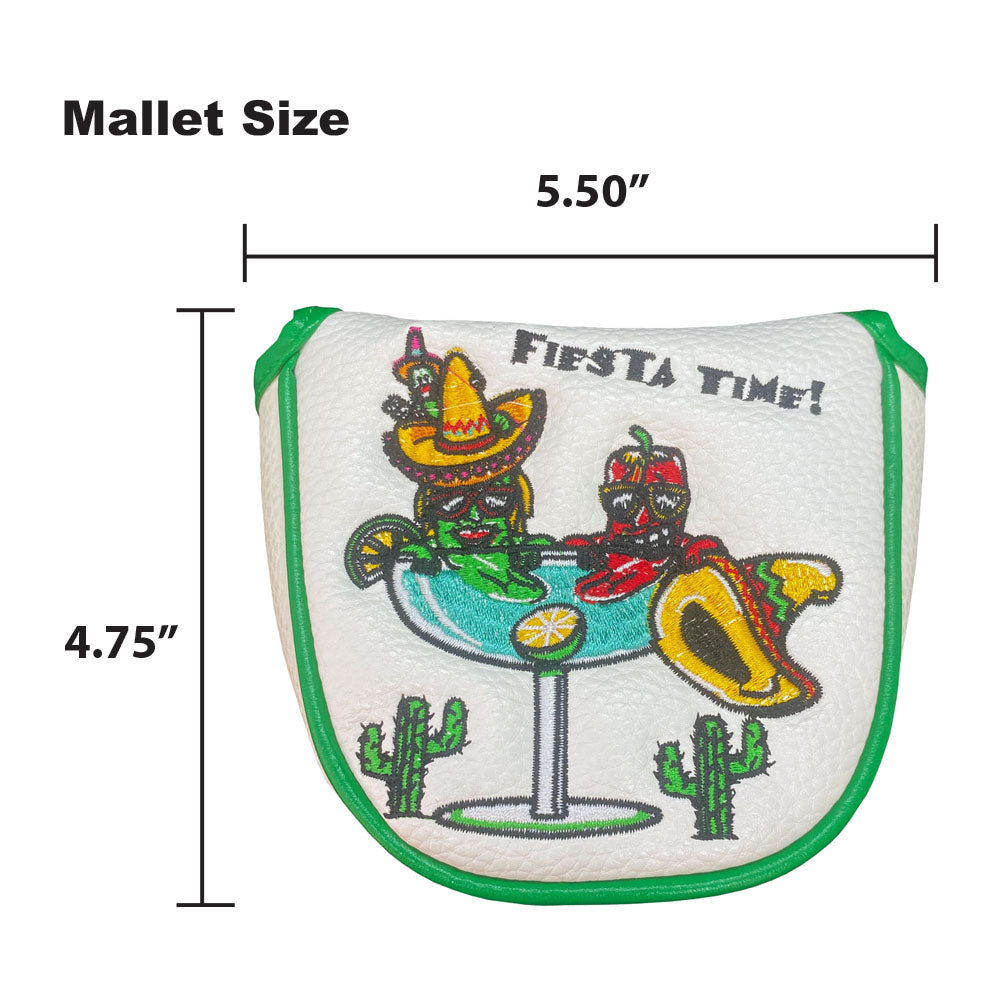 The Giggle Golf Fiesta mallet putter cover is 4.75" x 5.50".