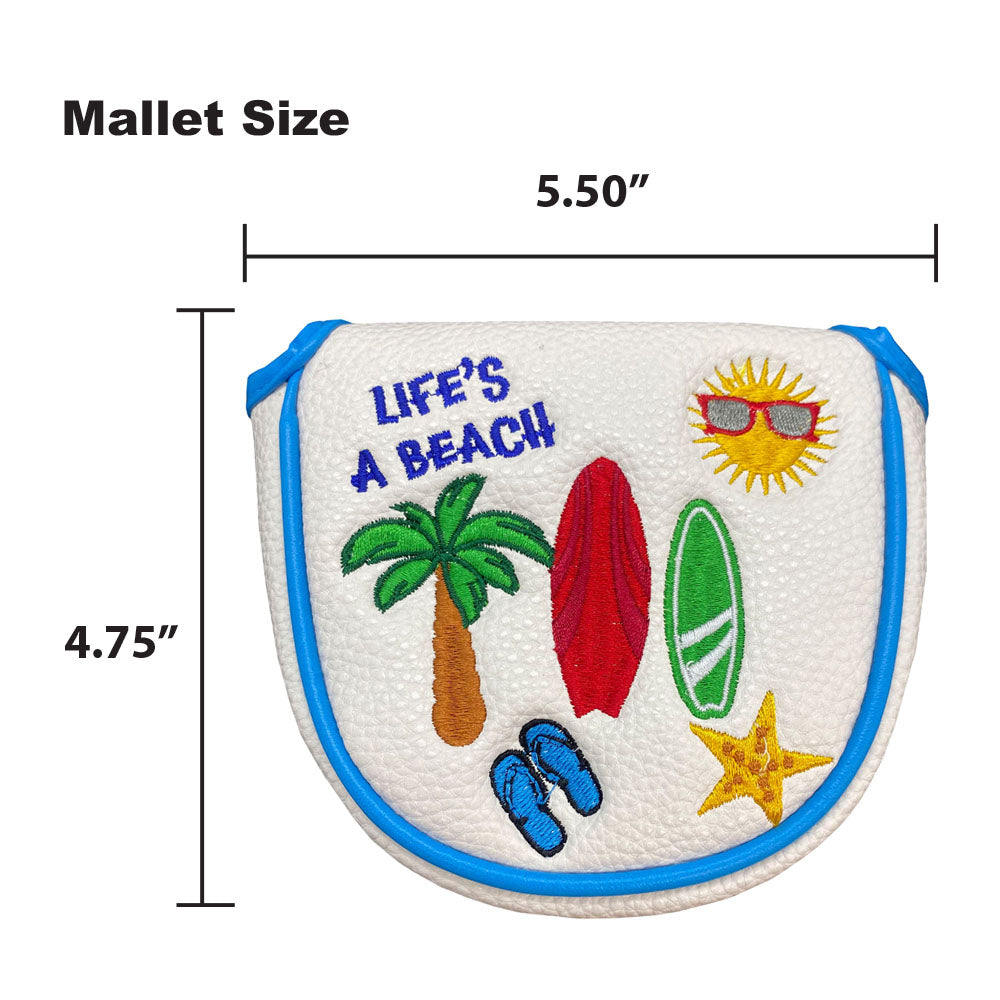 The Giggle Golf Life's A Beach mallet putter cover is 4.75" x 5.50".