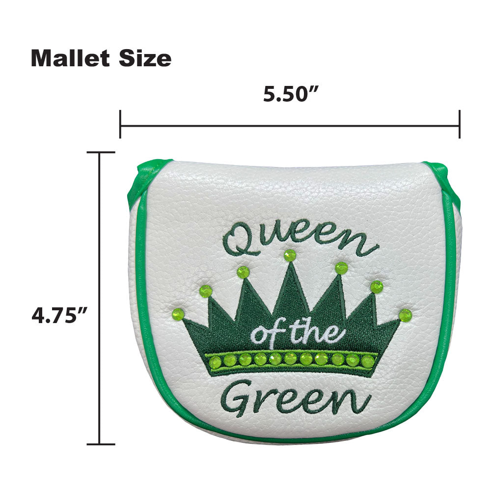 The Giggle Golf Queen Of The Green Rhinestone mallet putter cover is 4.75" x 5.50".