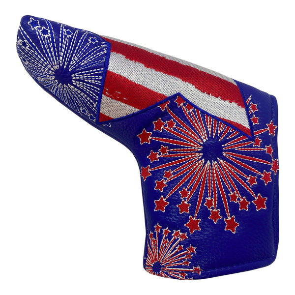 blue leather putter cover with american flag star design and fireworks