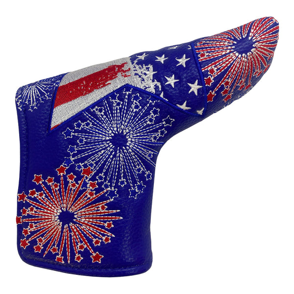 blue leather putter cover with american flag star design and fireworks