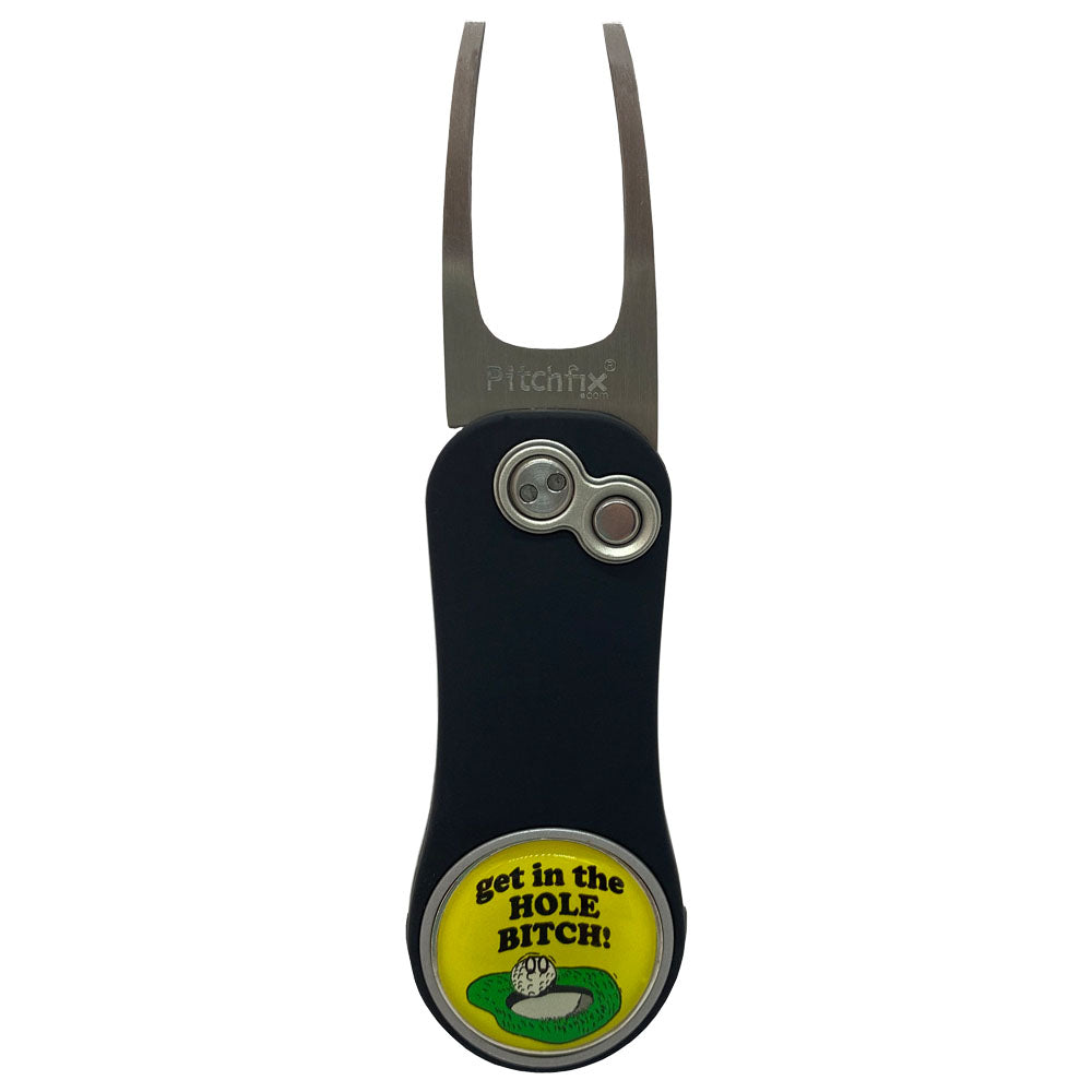 Black Pitchfix Divot Tool With Removable Get In The Hole Bitch Golf Ball Marker