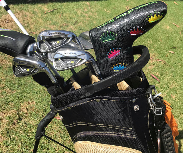 queen of the green blade putter cover on golf bag