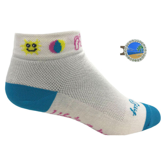 women's life's a beach golf socks with bling beach scene ball marker