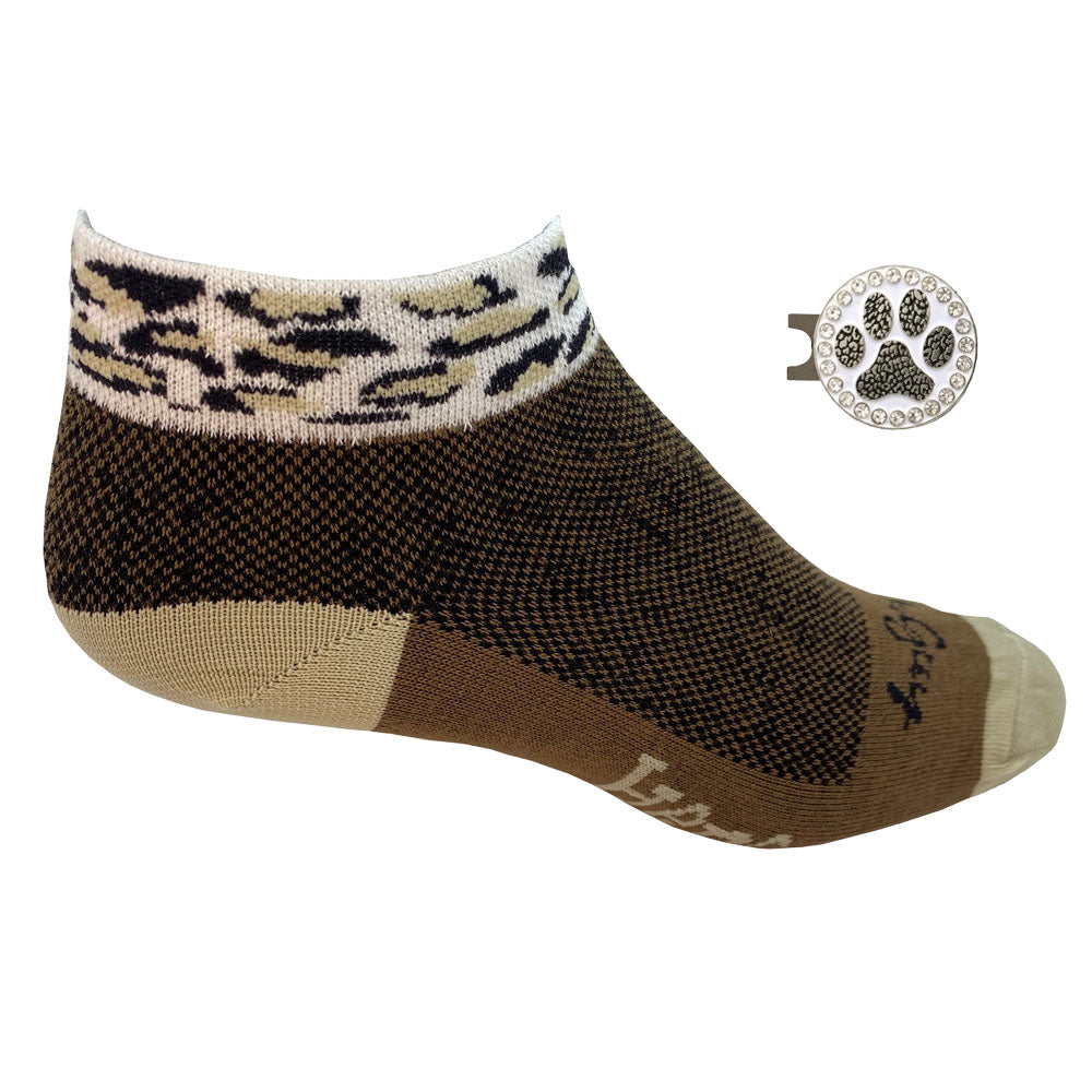 cougar print women's golf socks with paw print ball marker