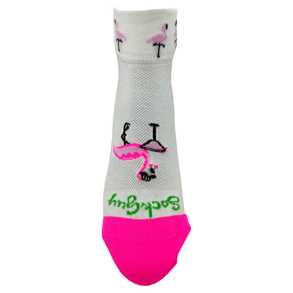 Giggle Golf flamingo with a cocktail on the top of the sock