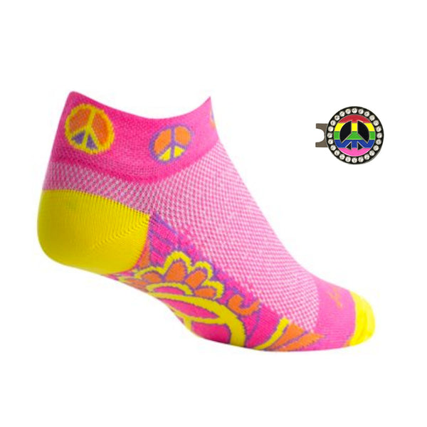 groovy women's golf sock with peace sign golf ball marker