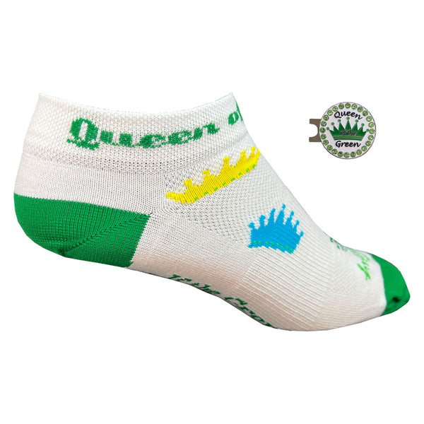 Giggle Golf Queen Of The Green Women's Golf Sock With Bling Hat Clip Ball Marker (Green Crown)