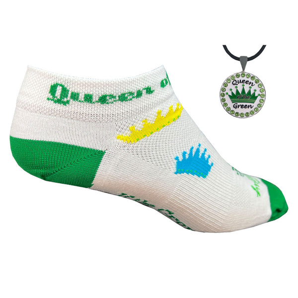 Giggle Golf Queen Of The Green Women's Golf Sock With Bling Ball Marker Necklace (Green Crown)
