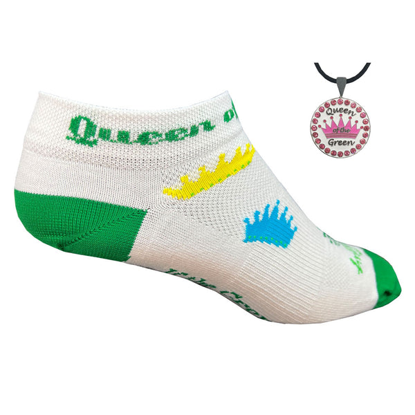 Giggle Golf Queen Of The Green Women's Golf Sock With Bling Ball Marker Necklace (Pink Crown)