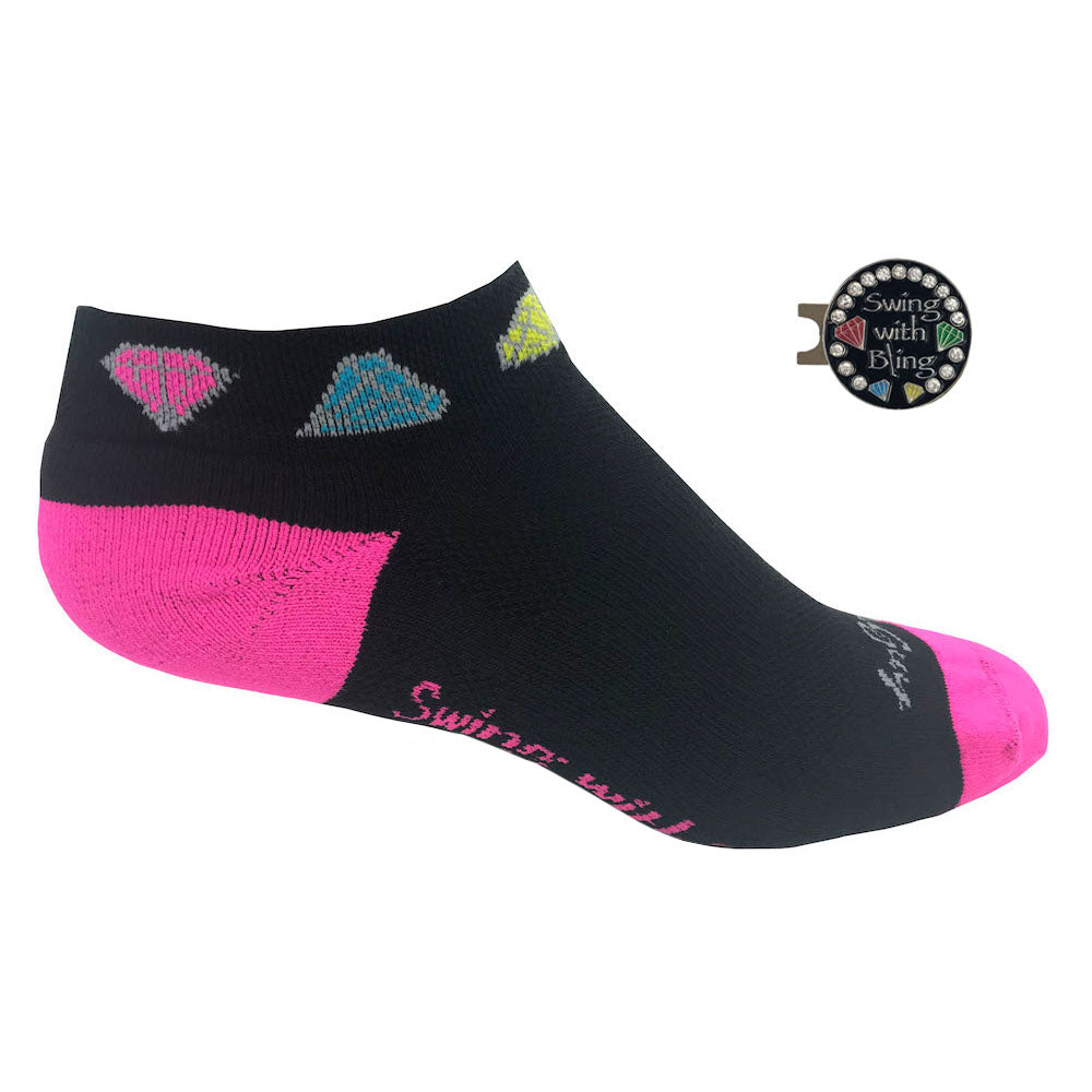 swing with bling women's golf socks with bling black golf ball marker