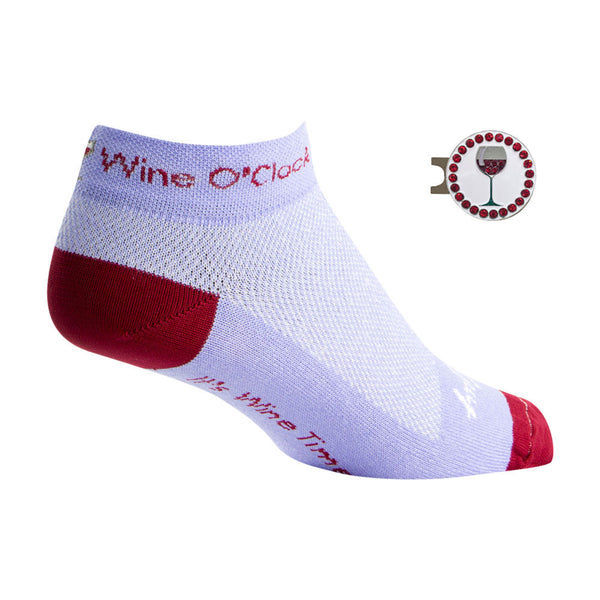wine o'clock women's golf sock with red wine ball marker