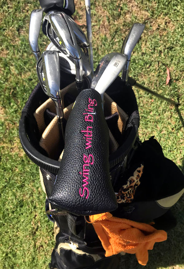 swing with bling blade putter cover on golf bag top side