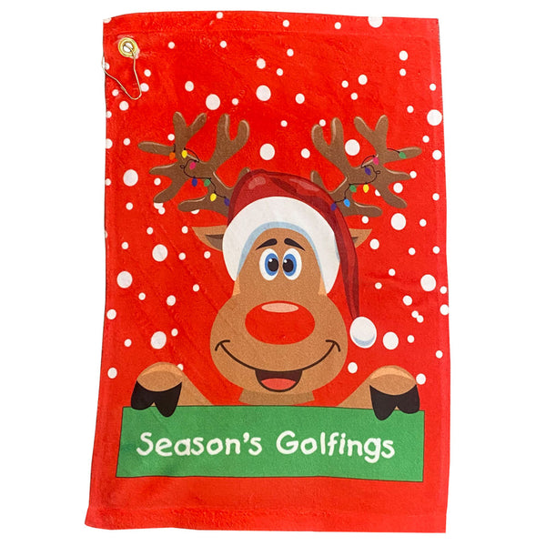 red golf towel with reindeer holding sign that says Season's Golfings