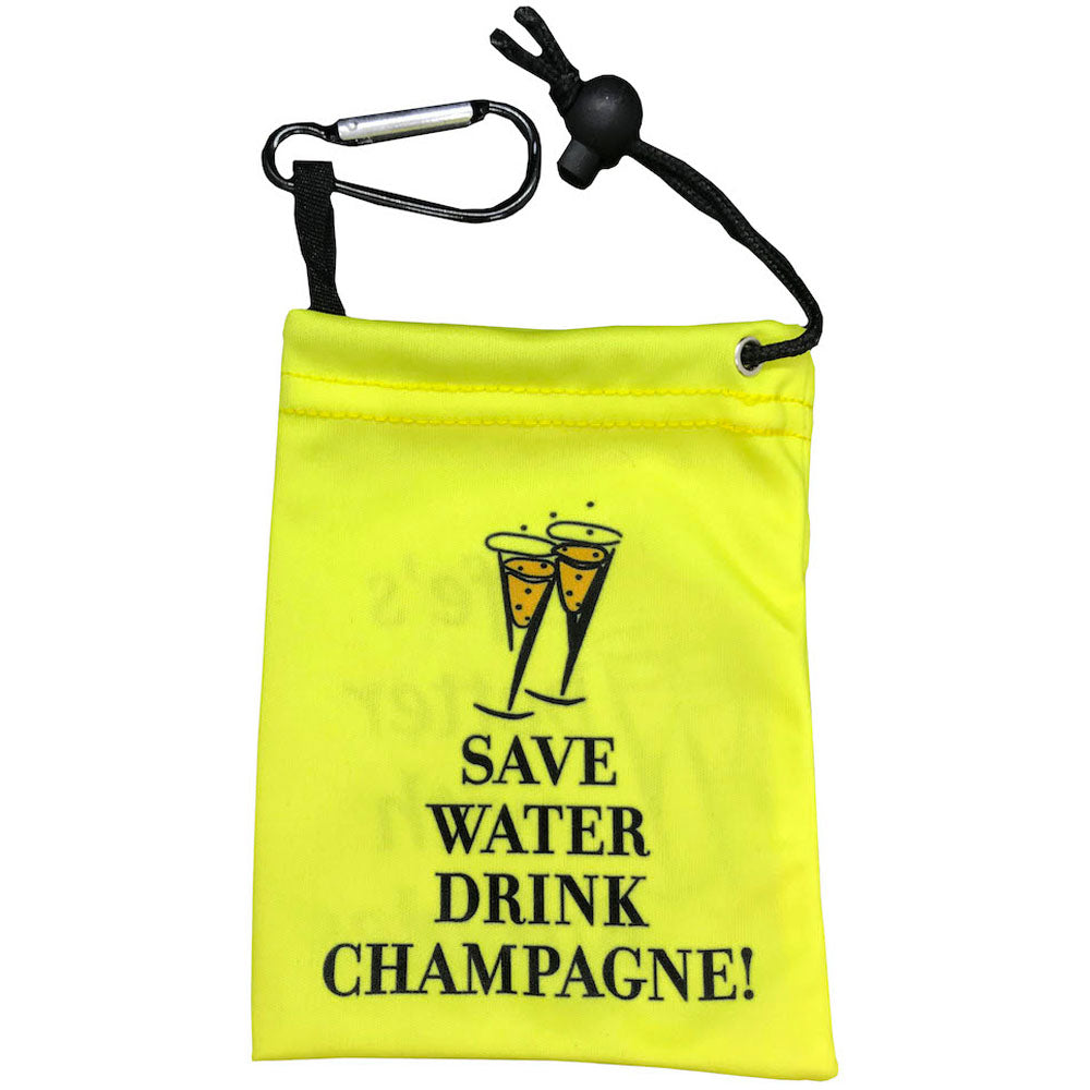 double sided tee bag - one side says "Save Water Drink Champagne!" and the other side says, "Life's Better With Bubbles!"