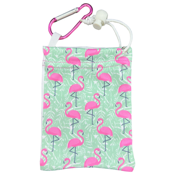 flamingos tee bag with a palm leaves and pink flamingos design on the back