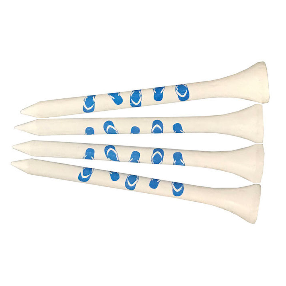 white 2.75" wooden golf tees with blue flip flops design