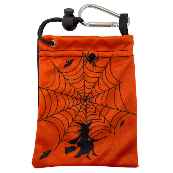 Double sided halloween tee bag. One side is black with a haunted house scene. The other side is orange with a spider web scene.
