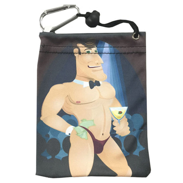 male dancer (stripper) holding a martini, with dollar bills tucked into his thong tee bag