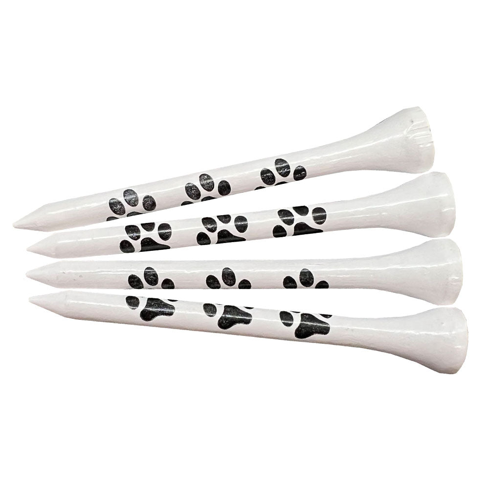 2.75" wooden golf tee - white with black paw print design - set of 4