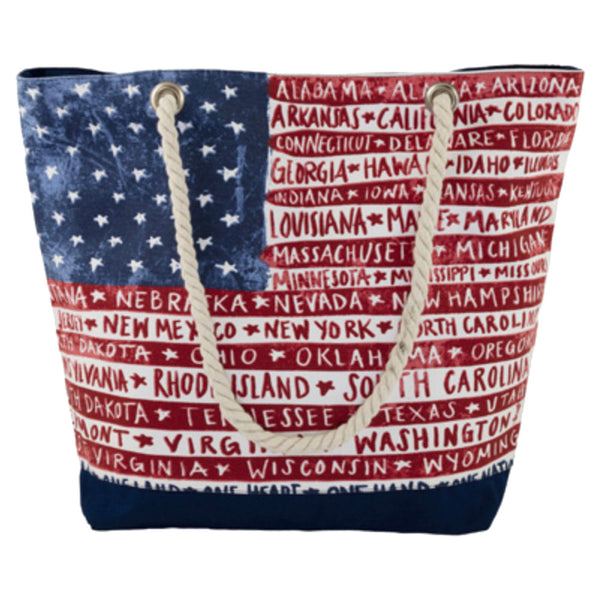 One Flag One Nation USA themed large canvas tote bag with rope handle