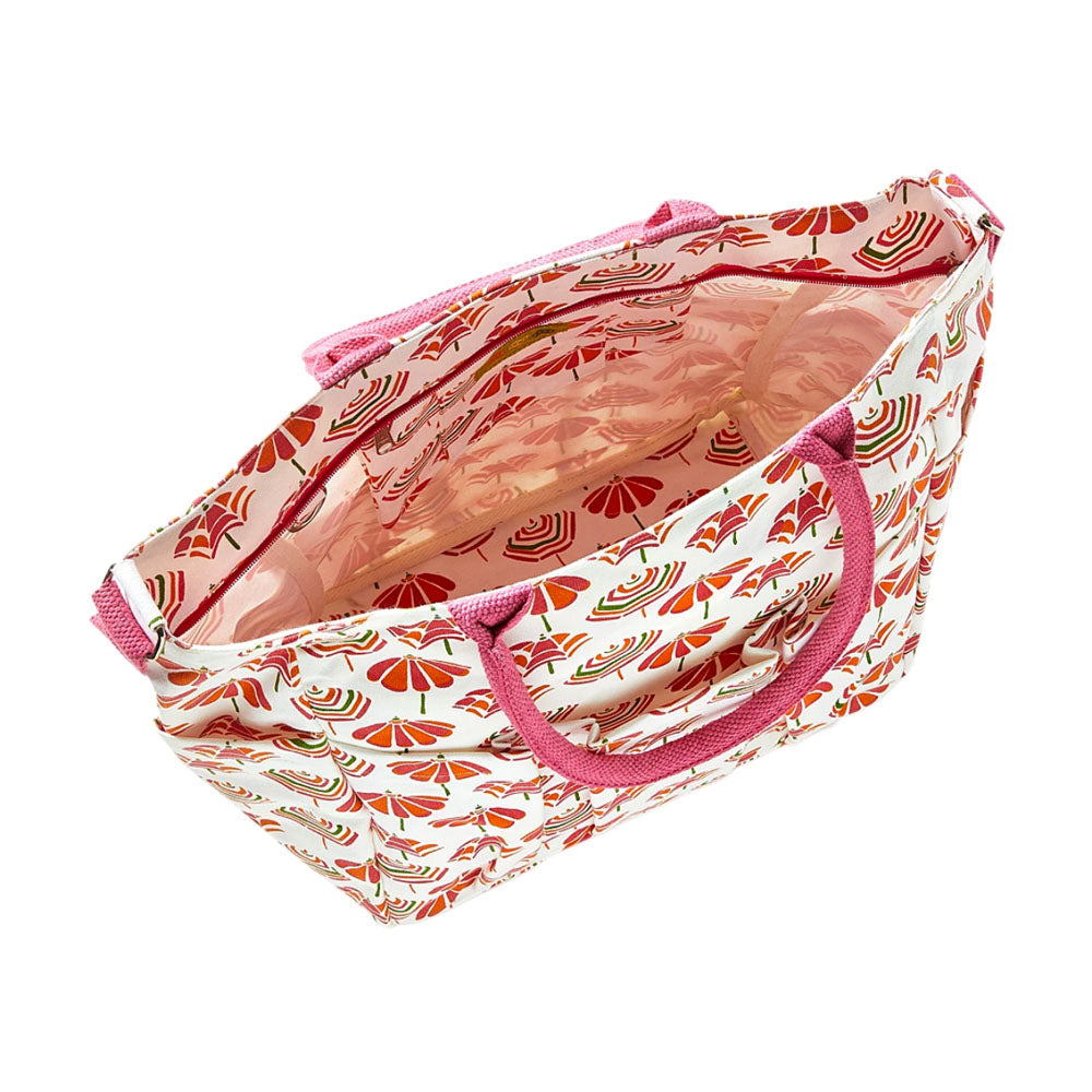 Inside View Of Beach Umbrellas Pink Weekender Tote