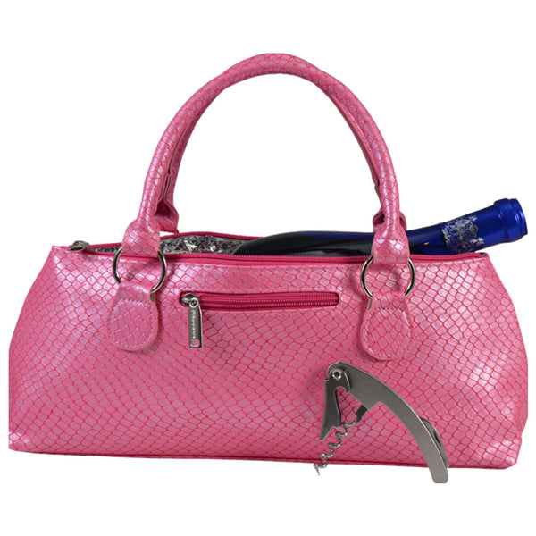 pink insulated wine clutch with corkscrew