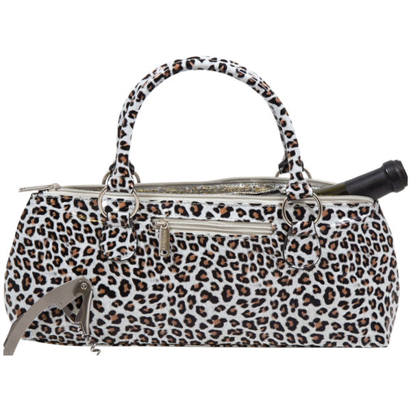 white cheetah animal print insulated wine clutch with corkscrew